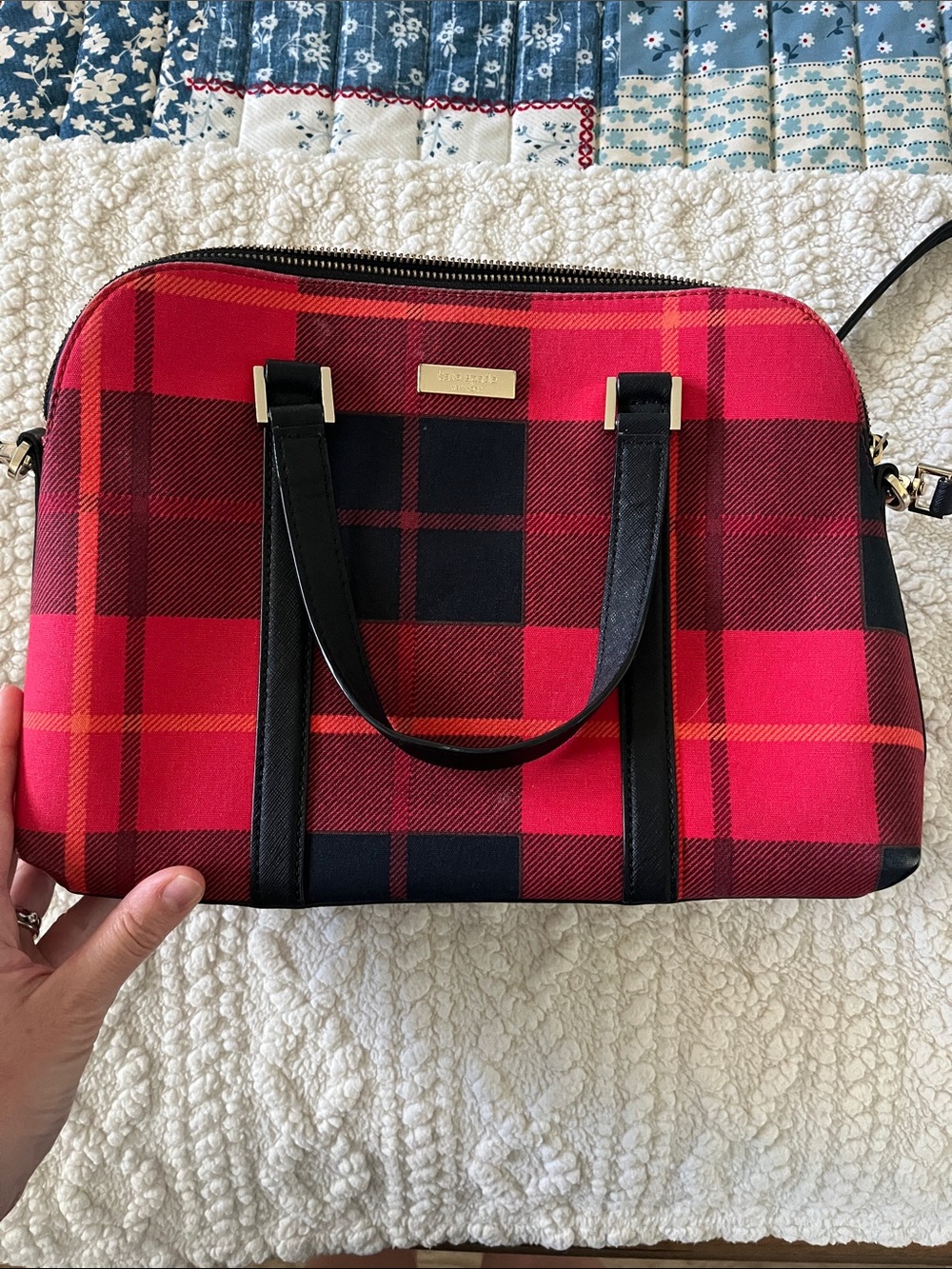 kate spade Red and Black Plaid Satchel with Gold Hardware